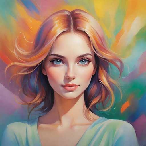 This image is a detailed painting of a young woman with wavy, shoulder-length hair that blends shades of orange, red, and pink, with subtle hints of blue. Her hair is parted in the middle, framing her face and flowing down to her shoulders. She has striking blue eyes, accentuated by long eyelashes and brown eyebrows. Her lips are painted a soft pink, and her cheeks are blushed, giving her a fresh and vibrant appearance. She is wearing a light blue top with a V-neck that reveals her collarbone and part of her chest. The background is a swirling mix of colors, including shades of blue, green, yellow, orange, pink, and purple, creating a dynamic and artistic backdrop that complements her figure. The overall composition is square, with the woman's head positioned at the top and her shoulders at the bottom, making her the central focus of the painting.