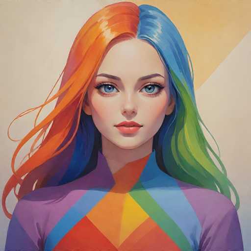 This image features a detailed drawing of a young woman with a striking appearance. She has long, flowing hair that is parted down the middle, with the left side colored orange and the right side blue. The tips of her hair on the right side transition into green. Her hair appears to be gently blowing in the wind, adding a dynamic element to the portrait. She has blue eyes, pink lips, and a fair complexion. The woman is dressed in a high-collared shirt that is adorned with a vibrant pattern of purple, blue, orange, yellow, and green stripes. The background of the image is predominantly white, with a distinctive yellow triangle in the upper right corner, adding a geometric contrast to the overall composition.