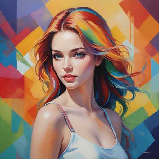 This vibrant painting features a young woman with striking blue eyes and long, flowing red hair that transitions into a rainbow of colors—blues, greens, yellows, and oranges—giving it a dynamic, wind-swept appearance. She is depicted from the chest up, wearing a white tank top with thin straps, one of which is slightly askew. Her head is turned to the left, gazing directly at the viewer, while her body faces forward. The background is a kaleidoscope of multicolored squares and rectangles, creating a mosaic-like effect that complements her vivid hair. The overall composition is bright and colorful, with a harmonious blend of reds, blues, greens, and yellows that make the painting visually striking and captivating.
