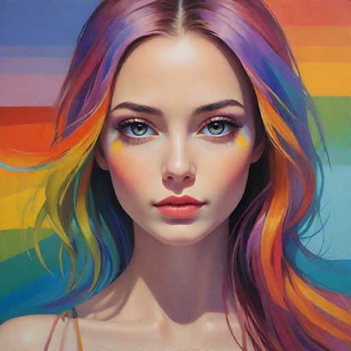 This image is a detailed, computer-generated portrait of a young woman, likely in her late teens or early twenties. She has long, wavy hair that cascades past her shoulders, featuring a vibrant mix of colors including purple, blue, orange, yellow, and green. Her striking blue eyes are accentuated by long eyelashes and a touch of yellow eyeshadow beneath them. She has full, pink lips and a fair complexion with a subtle blush on her cheeks. The woman is wearing a thin, spaghetti strap top, visible only by the straps on her shoulders. She gazes directly at the viewer with a neutral expression. The background is a colorful, rainbow-like gradient with horizontal stripes of blue, light blue, pink, orange, yellow, green, and light blue, adding to the overall vivid and artistic feel of the image.