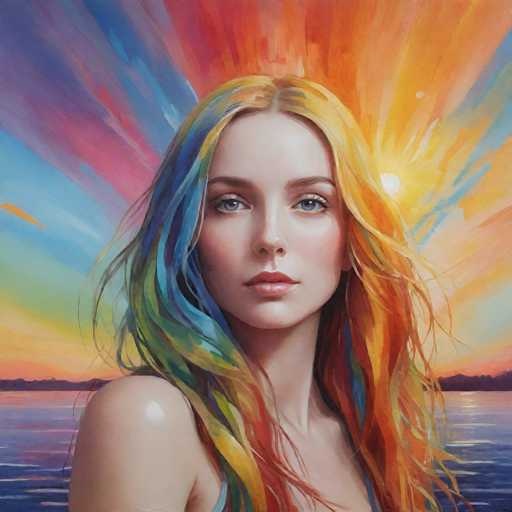 This vibrant painting features a young woman with long, wavy hair that cascades past her shoulders. Her hair is a striking blend of colors, with the left side predominantly blue and green, and the right side mainly yellow and orange. She has light blue eyes and pink lips, and her expression is neutral as she gazes directly at the viewer. The woman is wearing a blue top, though only the straps are visible. The background is a mesmerizing sunset over a body of water, with the sky painted in a spectrum of colors including blue, pink, yellow, orange, and purple. The sun is positioned behind her head, casting a radiant glow that enhances the overall luminosity of the scene. The water reflects the sunset's hues, and a distant shoreline with trees can be seen. The painting's style is somewhat abstract, with colors blending into each other, creating a dreamy and ethereal atmosphere.