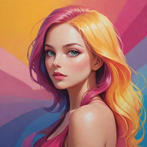 This image features a detailed, computer-generated portrait of a young woman with a striking appearance. She has long, wavy hair that is a blend of pink and yellow, with the pink being more prominent on the left side of her head and the yellow on the right. Her hair cascades down her back, with some strands flowing over her shoulder. She has a fair complexion, accentuated by pink blush on her cheeks and pink lipstick on her lips. Her eyes are a captivating blue, framed by long eyelashes and brown eyebrows. She is wearing a pink tank top, and the image captures her from the chest up, with her body facing left while her head is turned to look directly at the viewer. The background is a vibrant, rainbow-colored gradient that transitions from yellow at the top to pink, purple, and blue towards the bottom, creating a dynamic and colorful backdrop that complements her vivid hair.
