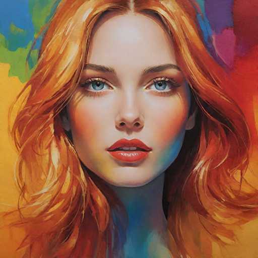 This image is a detailed painting of a young woman with striking features. She has long, wavy red hair that cascades down to her shoulders, with a subtle blonde highlight on the left side. Her blue eyes are accentuated by long eyelashes and thin eyebrows, and her lips are painted a vivid red. The woman's face is framed by a background of vibrant colors, including yellow, green, blue, purple, pink, and red, which blend together in a watercolor-like effect. Her neck and the area just below it are painted in a bluish hue, adding depth to the portrait. The painting captures her from the top of her head down to just below her neck, with her head slightly tilted to the left. She gazes directly at the viewer, creating a sense of connection. The overall composition is rich in detail and color, making it a captivating piece of art.