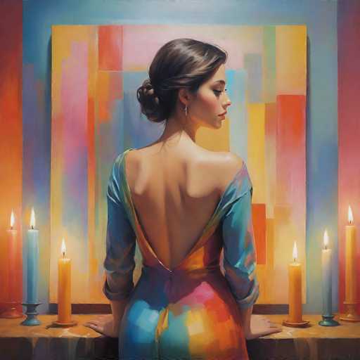 This detailed painting depicts a woman standing with her back to the viewer, her head turned to the right, gazing downward. She has dark brown hair styled in a bun and is adorned with long, dangly earrings. Her dress is a striking multicolored ensemble, featuring hues of blue, pink, yellow, and orange, with a deep V-back that reveals her shoulders and the upper part of her back. The sleeves of her dress are slightly rolled up, exposing her elbows. She stands with her hands resting on a wooden table, which is adorned with seven lit candles in various colors—orange, blue, and white. Behind her, a large abstract painting hangs on the wall, composed of vibrant blocks of color including yellow, pink, blue, green, and orange. The scene is set indoors, with the woman's elegant posture and the warm glow of the candles creating a serene and contemplative atmosphere.