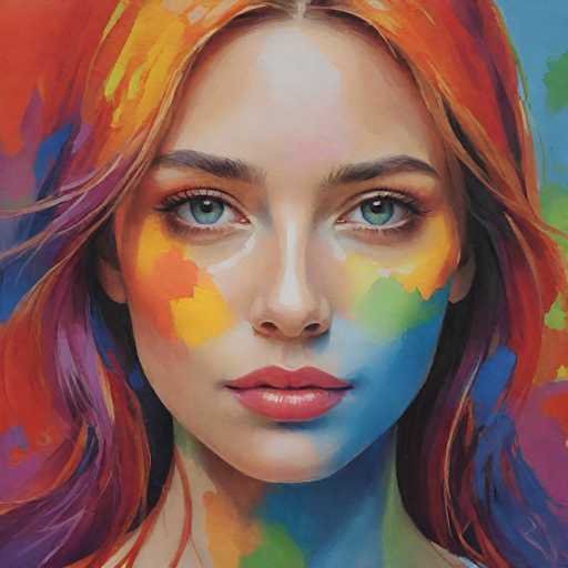 This image is a detailed painting of a woman's face, neck, and shoulders. The woman has long, wavy hair that is a blend of red, orange, and purple hues, cascading down to her shoulders. Her striking blue eyes are framed by dark eyebrows and long eyelashes. She has full, red lips and a fair complexion. The painting features splashes of vibrant colors across her face and neck, including shades of yellow, orange, green, blue, and purple. These colors are applied in a seemingly random yet artistic manner, with some appearing to drip down her face. The background is a solid blue, providing a stark contrast to the colorful subject. The woman is looking directly at the viewer, creating a sense of engagement and intensity.