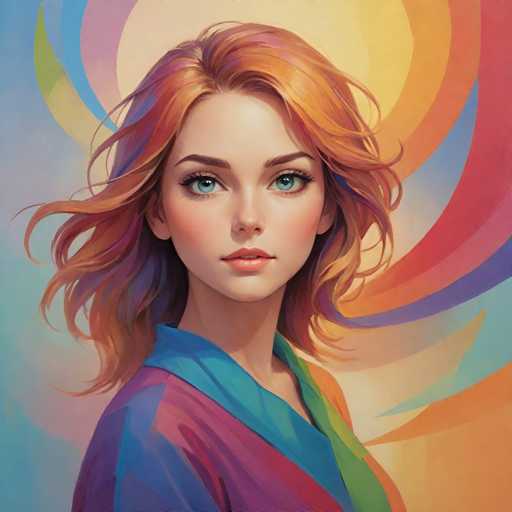 The image depicts a young woman with red hair wearing a blue and green dress against an abstract background of colorful swirls and circles.