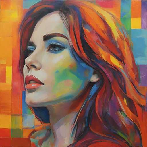 This vibrant painting features a woman with long, flowing hair that cascades down to her shoulders. Her hair is a striking blend of colors, predominantly red with streaks of orange, yellow, and blue. She has a fair complexion, accentuated by her bold red lipstick and blue eyeshadow. Her eyes are a captivating blue, framed by long eyelashes. The woman is gazing off to the left, her expression serene and contemplative. The background is a mosaic of colorful squares, each in varying hues of orange, yellow, blue, green, and purple, creating a dynamic and lively backdrop. The painting captures the essence of modern art with its vivid colors and expressive details.