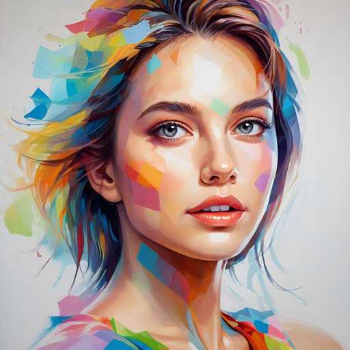 The image depicts a woman with long brown hair and blue eyes wearing an orange top against a white background. The painting style is abstract, featuring geometric shapes and splashes of color that create a vibrant and dynamic scene.