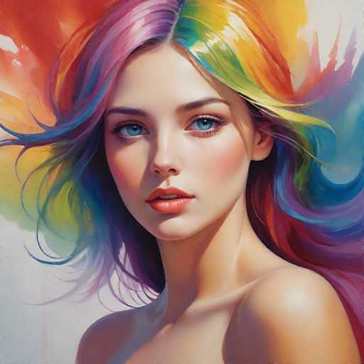 This image is a detailed painting of a young woman, likely in her early 20s, with a striking and vibrant appearance. She has long, flowing hair that is parted in the middle, cascading down to her shoulders. Her hair is a mesmerizing blend of colors, including shades of pink, purple, blue, green, yellow, and orange, creating a rainbow-like effect. Her eyes are a vivid blue, framed by long eyelashes, and her lips are painted a soft pink. She has a fair complexion with a slight tan, and her face is adorned with subtle makeup, including blush on her cheeks. The woman is looking directly at the viewer, her expression serene and captivating. She appears to be topless, with her bare shoulders visible, and the background is a light gray, which further accentuates her colorful hair. The overall style of the painting is realistic, capturing the fine details and textures of her skin and hair.