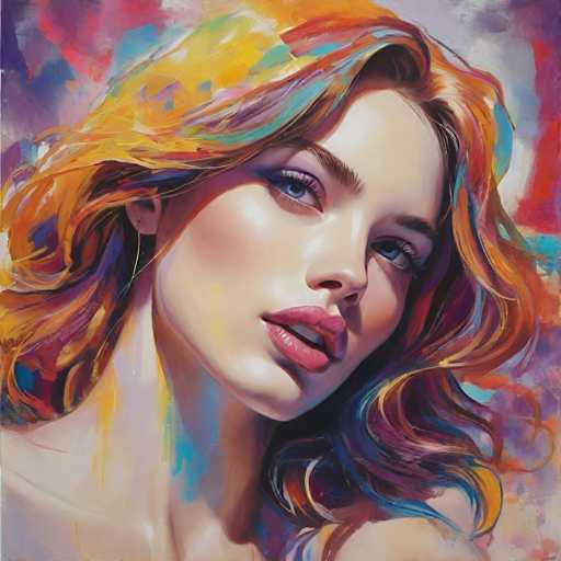 This image is a detailed painting of a woman's face, neck, and shoulders. The woman has striking blue eyes and full, pink lips that are slightly parted, revealing her top teeth. Her skin is a light tan, and she has a delicate nose with a small tip. She has brown eyebrows and long eyelashes, with a hint of purple eyeshadow accentuating her eyes. Her hair is a vibrant mix of orange, yellow, and red, with streaks of blue and purple, and it appears to be quite long, though the exact length is not clear. The background is a swirling blend of colors, predominantly purple, with touches of red, blue, and white, creating a dynamic and somewhat abstract setting. The woman's head is slightly tilted to the right, and her gaze is directed towards the bottom right corner of the image. The overall composition is rich in detail and color, with the woman's face being the focal point against the abstract background.