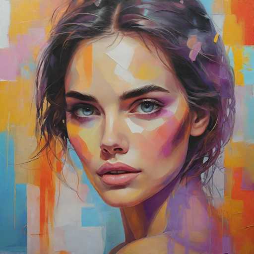This image is a detailed painting of a young woman, likely in her late teens or early twenties, with a serene and contemplative expression. She has striking blue eyes and dark brown hair that appears slightly tousled, as if gently blown by a breeze. Her face is adorned with subtle makeup, including pink lipstick and purple eyeshadow, which enhances her natural beauty. The woman is depicted from the shoulders up, with her head turned slightly over her right shoulder, gazing directly at the viewer. The background is a vibrant mix of colors, featuring streaks and blocks of blue, orange, yellow, pink, and white, creating a dynamic and abstract setting that contrasts with the more realistic portrayal of the subject. The overall composition is square, with the woman's face centrally positioned, making her the focal point of this captivating piece.
