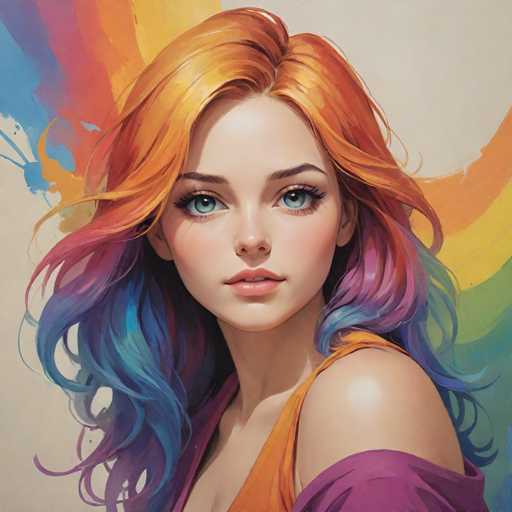 The image depicts an artist's portrait of a woman with vibrant red hair styled in loose curls and wearing an orange top. The background features a rainbow-colored gradient that transitions from blue at the top to purple at the bottom.