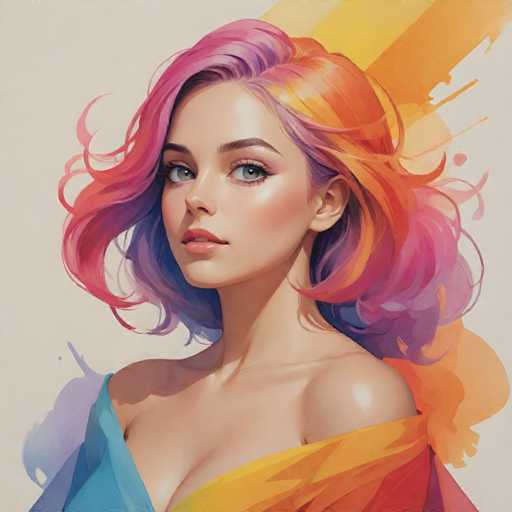 This image is a detailed painting of a young woman, likely in her late teens or early 20s. She has a fair complexion and striking blue eyes that are accentuated by her long, wavy hair. Her hair is a vibrant mix of colors, including shades of pink, purple, orange, and yellow, with some sections appearing almost blonde. The woman is gazing directly at the viewer, her expression serene and slightly pensive, with her lips slightly parted. She is wearing a low-cut top that reveals some of her cleavage, and a piece of fabric, possibly a shawl or scarf, drapes over her shoulder. The fabric is a blend of blue, orange, and yellow hues. The background is a light gray, and the painting is signed in the bottom right corner, though the signature is not legible. The overall style of the painting is realistic, capturing the intricate details of the woman's features and her colorful hair.