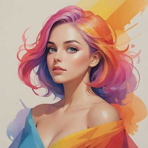 The image depicts a young woman with vibrant pink and orange hair styled in loose curls. She is wearing a colorful dress that contrasts with the white background of the painting. The artist's style can be described as impressionistic, characterized by loose brushstrokes and an emphasis on capturing the overall mood or atmosphere rather than minute details.