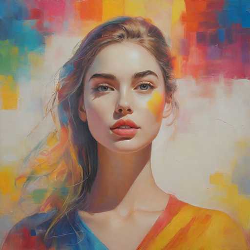 This image is a detailed painting of a young woman, likely in her early 20s, with a serene and contemplative expression. She has long, wavy brown hair that cascades down to her shoulders, with some strands flowing in the wind. Her light blue eyes are accentuated by her thick, brown eyebrows, and she has a small nose and full, red lips. A notable feature is the yellow paint on her left cheek, adding a touch of color to her otherwise pale complexion. She is wearing a V-neck top, with the left side appearing blue and the right side yellow, blending harmoniously with the vibrant background. The background itself is a dynamic mix of colors, including shades of blue, green, yellow, orange, and red, creating a lively and artistic atmosphere. The painting captures the essence of the woman's beauty and the expressive power of abstract color.