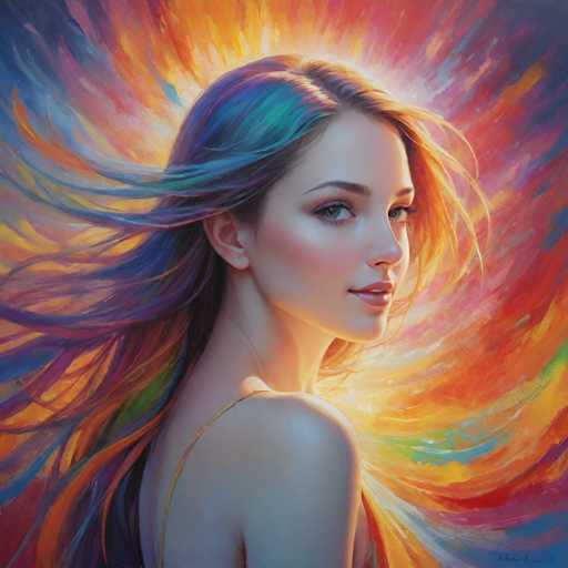 This image is a detailed painting of a young woman, likely in her late teens or early twenties, with a striking and vibrant appearance. She has long, flowing hair that transitions from a light brown at the top to a mix of blue, purple, and green hues towards the ends, which are dramatically flowing in the wind. Her hair is parted in the middle, and she has thick, dark eyebrows that frame her light blue eyes. She is wearing a thin, yellow strap over her shoulder, suggesting she might be dressed in a dress or top. Her face is adorned with pink blush on her cheeks and pink lipstick, and she has a slight smile, revealing her top teeth. The background is a swirling mix of colors—red, orange, yellow, green, blue, and purple—creating a dynamic and almost fiery effect that contrasts with her serene expression. The overall composition gives the impression of a glowing aura around her, enhancing the ethereal quality of the painting.