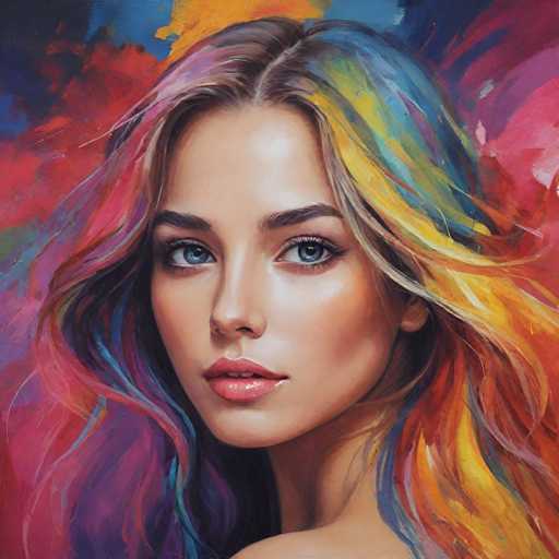 This image is a detailed painting of a young woman, likely in her early 20s, with a striking and colorful appearance. She has long, wavy hair that cascades down to her shoulders, featuring a vibrant mix of colors including pink, blue, yellow, orange, purple, and red. Her hair is parted in the middle, with the left side appearing more pink and purple, and the right side more yellow and blue. Her complexion is light, and she has expressive blue eyes framed by dark eyebrows. Her lips are slightly parted, revealing her top two teeth, and she has a small nose and a full face. The background is an abstract blend of colors, predominantly featuring shades of blue, red, pink, purple, and black, creating a dynamic and somewhat chaotic backdrop that contrasts with her serene and beautiful features. The painting captures her from the top of her head down to her shoulders, with her head turned slightly to the left, gazing directly at the viewer.