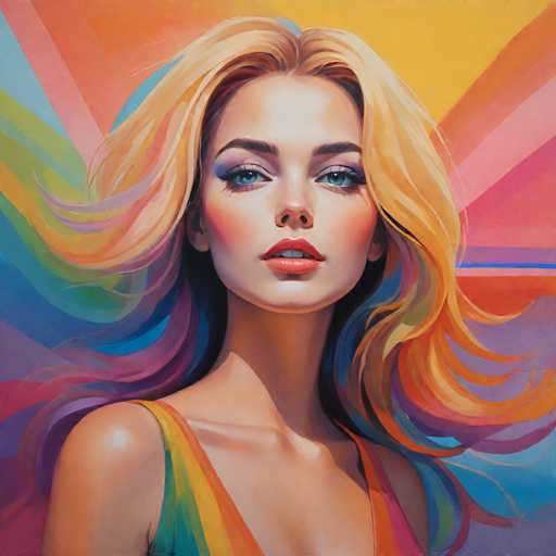 This vibrant painting features a young woman with long, wavy blonde hair that cascades down to her shoulders. Her hair is highlighted with streaks of blue, purple, and pink, adding a whimsical touch to her appearance. She has striking blue eyes accentuated by purple eyeshadow and pink lips. Her complexion is fair, and she wears a sleeveless top that complements the colorful background. The backdrop is a mesmerizing array of rainbow hues, with shades of orange, yellow, pink, purple, blue, and green blending together. The woman gazes directly at the viewer, her expression serene and captivating. The overall composition is a celebration of color and form, creating a visually stunning and harmonious piece.