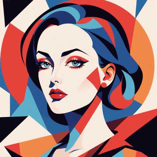 The image depicts a woman with blue eyes and red lips against an abstract background of geometric shapes in shades of orange, black, and white. The woman is positioned centrally within the frame, drawing attention to her striking features.