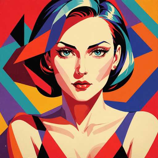 The image depicts a woman with blue eyes and red hair wearing a black dress against an abstract background of geometric shapes in various colors including orange, yellow, green, purple, pink, and blue. The artist's signature is visible at the bottom right corner.