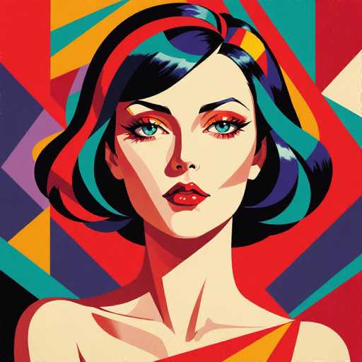 This image is a vibrant, stylized illustration of a woman with a striking resemblance to Audrey Hepburn. She has short, wavy black hair with colorful highlights in shades of red, blue, and green. Her expressive blue eyes are accentuated by orange and red eyeshadow, and her lips are painted a bold red. The woman is depicted from the shoulders up, with her bare shoulders visible, and she is wearing a red top. The background is an abstract composition of various geometric shapes, including triangles, squares, and rectangles, in a palette of red, blue, yellow, and purple. The overall effect is a dynamic and eye-catching portrait that blends classic beauty with modern, graphic design elements.