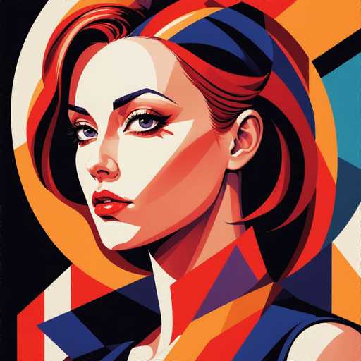 The image depicts a woman with red hair and blue eyes wearing a blue dress against an abstract background of geometric shapes in shades of orange, yellow, green, and black. The woman's face is the central focus, and her expression appears to be serious or contemplative.