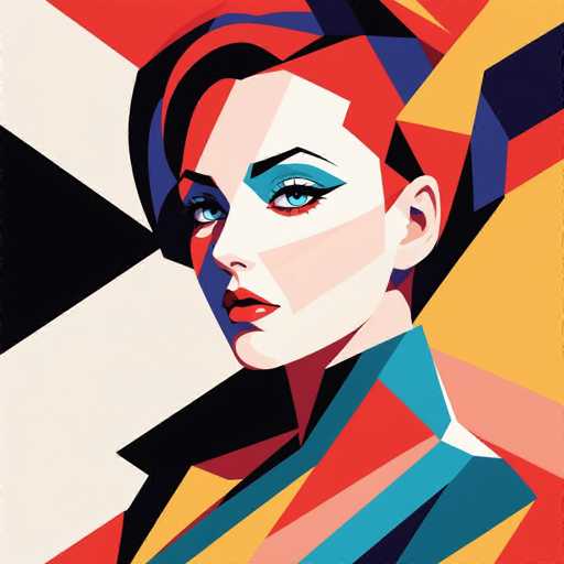 This image is a vibrant, abstract painting of a woman's face, composed of various geometric shapes and a rich palette of colors. The woman's face is the focal point, with her head turned slightly to the left, gazing directly at the viewer. Her facial features are accentuated with bright red lipstick and blue eyeshadow, and her blue eyes are framed by black eyeliner. Her hair is a striking mix of red, black, and blue, styled in a short, bob-like cut with a side bang. The background is a dynamic blend of colors, including black, white, red, blue, yellow, and pink, arranged in a pattern of triangles and other shapes. The overall composition is highly abstract, with no discernible setting, emphasizing the woman's face and the bold, contrasting colors that define the artwork.