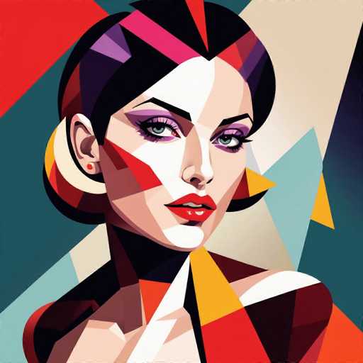 This image is a vibrant, abstract painting of a woman's face, neck, and shoulders, rendered in a geometric style reminiscent of Picasso. The woman, who has fair skin and striking blue eyes, is adorned with red lipstick and a red earring. Her black hair is styled in an elaborate updo, with colorful accents of purple, pink, and red. The background is a dynamic composition of various shapes and colors, including red, blue, yellow, and white, creating a visually stimulating and colorful backdrop. The painting's abstract nature is emphasized by the use of different geometric shapes to form the woman's features, giving it a unique and modern aesthetic.
