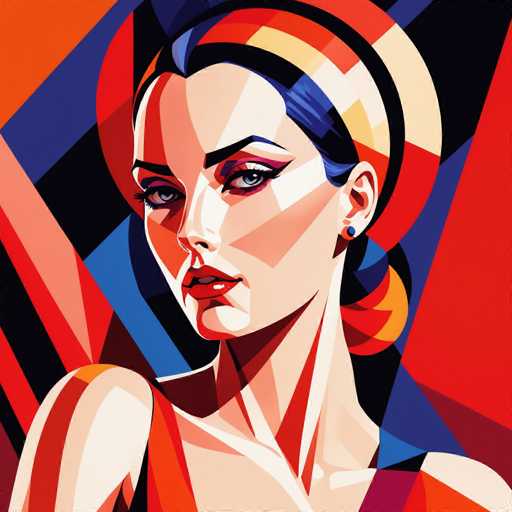 This image is a vibrant, abstract painting of a woman, likely created using AI. The woman, who has fair skin, is depicted with a mix of geometric shapes and bold colors. Her hair is a striking combination of blue and black, styled in a ponytail with a black headband. She wears a sleeveless dress adorned with a variety of colors including red, orange, yellow, and blue. Her makeup is dramatic, featuring red lipstick and blue eyeshadow, and she has blue eyes. The background is a dynamic blend of red, blue, black, and orange hues, enhancing the overall abstract feel of the artwork. The woman is looking directly at the viewer, creating a sense of engagement. The painting is square in shape and captures the woman from the chest up, emphasizing her expressive face and colorful attire.