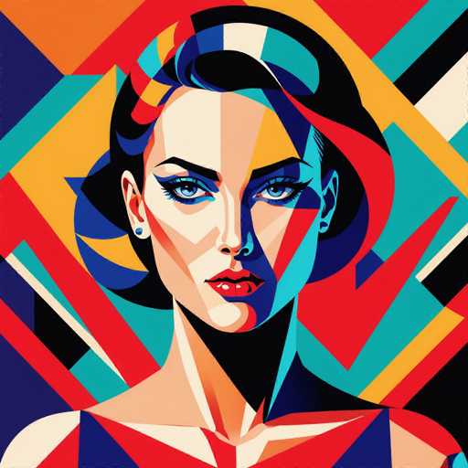 This image is a vibrant, abstract painting of a woman, reminiscent of Andy Warhol's pop art style. The woman, who appears to be in her 20s or 30s, has short black hair with blue and red highlights, and her face is a striking blend of colors: the left side is predominantly white with blue accents, while the right side is a mix of blue and white. She has blue eyes, red lips, and wears small blue stud earrings. Her neck is black, and she is dressed in a red and blue outfit. The background is a dynamic explosion of colors, featuring a mix of red, blue, yellow, orange, black, and white, creating a visually stimulating and chaotic scene. The painting captures the essence of pop art with its bold use of color and abstract representation.