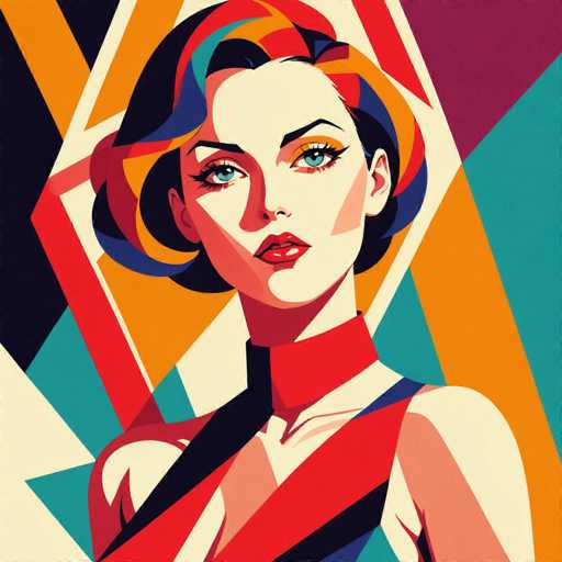 This image is a vibrant, stylized painting of a woman, reminiscent of the 1920s flapper era. The woman, who has fair skin and striking blue eyes, is depicted with short, dark hair that is accentuated by streaks of red, blue, and orange. Her makeup is bold, featuring bright red lipstick and dramatic black eyeliner. She is dressed in a sleeveless top with a high neckline, adorned with red and black stripes. The background is an explosion of geometric shapes and colors, including orange, red, blue, purple, and black, creating a dynamic and eye-catching contrast with her figure. The overall composition is reminiscent of a comic book style, with a focus on the woman's face and upper body, set against a backdrop that enhances the modern, graphic feel of the artwork.