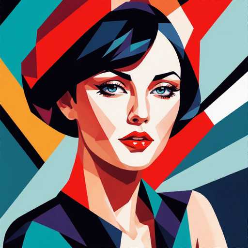 The image depicts a woman with striking blue eyes and long dark hair wearing a red hat. The background is a vibrant mix of colors including shades of green, orange, and purple. The artist's style can be described as geometric or abstract, characterized by the use of geometric shapes to create the overall composition.