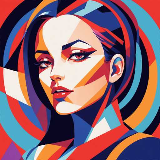 This image is a vibrant, abstract painting of a woman's face, created using a mosaic-like technique with various geometric shapes. The woman's face is predominantly white, with striking red eyes and red lips. Her hair is a mix of blue, red, and black, with some sections appearing to be pulled back. The background is a dynamic blend of colors, featuring concentric circles in shades of blue, red, black, and orange, creating a layered effect. The painting also includes a white rectangular shape on the left side, adding to the abstract nature of the piece. The woman's gaze is directed towards the viewer, with her head slightly tilted to the left, giving the painting a sense of depth and intrigue.