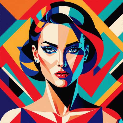 The image depicts a woman with striking blue eyes and long dark hair wearing a vibrant red dress against an abstract background of geometric shapes in various colors including orange, yellow, green, and black. The artist's signature is subtly placed at the bottom right corner.