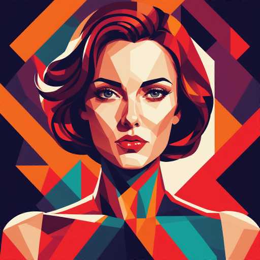 This image is a detailed, computer-generated illustration of a woman, reminiscent of the style seen in the movie "The Avengers." The woman, who has a fair complexion, is depicted with short, wavy red hair that falls just below her ears. Her striking blue eyes are framed by black eyebrows, and she wears red lipstick that accentuates her serious expression. The background is a vibrant mosaic of geometric shapes, including triangles, squares, and rectangles, in a spectrum of colors such as orange, red, blue, green, purple, and black. These shapes create a dynamic, almost abstract pattern that contrasts with the woman's sharp, defined features. The overall composition gives the impression of a modern, stylized portrait, possibly created using AI techniques.