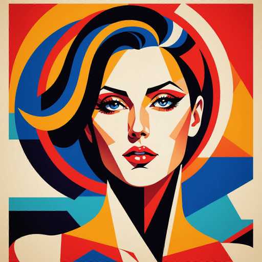The image depicts a woman with blue eyes and red lips against an abstract background of geometric shapes in various colors including orange, yellow, green, and blue. The woman is positioned centrally within the frame, drawing attention to her striking features.