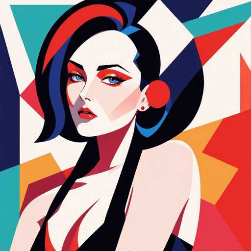 This vibrant, cartoon-style illustration features a striking woman with an elaborate and colorful hairstyle. Her hair is predominantly black, but it includes a mix of blue and red streaks, with a prominent red streak on the left side of her head. A large red circle adorns the back of her head, adding to the vividness of her appearance. She has blue eyes and wears bold red lipstick, enhancing her dramatic look. Her attire is a black dress with a red interior, and she sports a single black earring. The background is a dynamic collage of various shapes and colors, including red, orange, yellow, blue, and white, creating a lively and energetic atmosphere. The woman's head is slightly tilted to the left, and she gazes directly at the viewer, exuding confidence and allure.