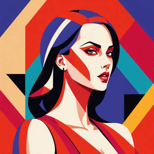 This vibrant, cartoon-style illustration features a woman with a striking appearance. She has long, flowing black hair adorned with a red headband. Her face is predominantly white, accentuated by bold red eyeshadow and red lipstick. A distinctive red stripe runs from her forehead down to her cheek, adding to her dramatic look. She is dressed in a red dress, and the background is a dynamic collage of various shapes and colors, including blue, red, yellow, and black. The overall composition is visually captivating and full of energy.
