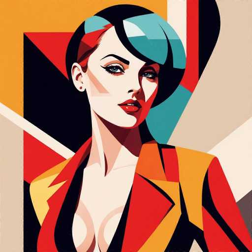 This image is a vibrant, cartoon-style illustration of a woman with a striking appearance. She has a pale complexion and is adorned with red lipstick and blue eyes. Her hair is a mix of black and blue, styled in a way that it partially covers her face. She wears a black and red jacket over a white shirt, and her outfit is complemented by red earrings. The background is a dynamic blend of yellow, black, red, and white, creating a visually engaging and colorful setting. The woman is looking directly at the viewer, exuding confidence and a sense of mystery.
