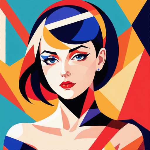 This image is a vibrant, stylized painting of a woman, reminiscent of the cubist style. The woman has a short bob haircut with blue and black hair, accented by a yellow streak. Her face is painted in contrasting colors: the left side is white with blue eye shadow, while the right side is black with red eye shadow. She has blue eyes, red lipstick, and blue earrings. The background is a dynamic mosaic of various shapes and colors, including red, yellow, blue, black, and white. The woman's shoulders are bare, and she is looking directly at the viewer. The overall effect is a striking, multi-colored portrait that blends geometric abstraction with detailed facial features.