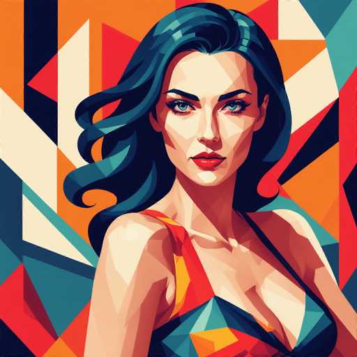 The image depicts a woman with long dark hair wearing a red dress and blue top. The background is a vibrant mix of orange, green, and white geometric shapes arranged in a triangular pattern.