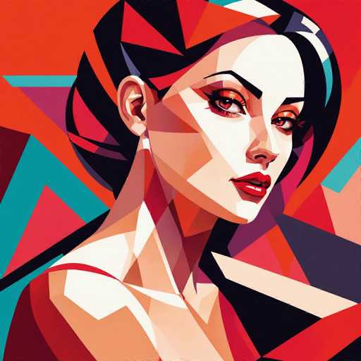 The image depicts a woman with striking red lipstick and dark hair against an abstract background of geometric shapes in shades of orange, blue, green, and purple. The artist's signature is subtly placed at the bottom right corner.