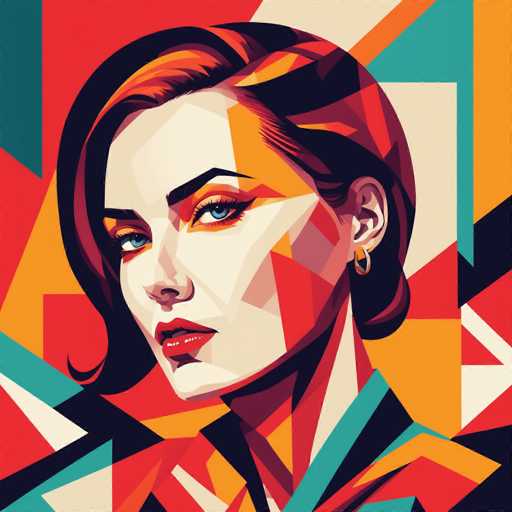 This image is a vibrant, abstract digital artwork of a woman's face, created using a mosaic-like style. The woman, who has fair skin and striking blue eyes, is depicted with short, dark hair that has orange highlights. Her lips are painted a bold red, and she wears a gold hoop earring in her left ear. The background is a dynamic collage of various geometric shapes, including triangles, squares, and rectangles, in a rich palette of colors such as red, orange, yellow, green, blue, black, and white. The woman's face is slightly turned to the left, and she gazes directly at the viewer, creating a captivating and somewhat mysterious expression. The overall composition is both colorful and intricate, with the shapes and colors blending seamlessly to form a cohesive and visually engaging piece.