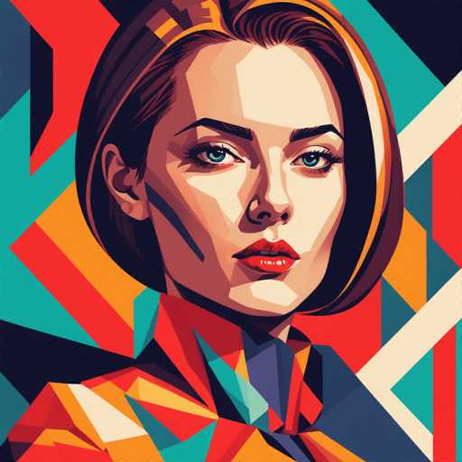 This image is a detailed, computer-generated graphic of a woman, resembling Scarlett Johansson, depicted in a cartoonish style. She has short brown hair with a hint of blonde, styled in a bob that frames her face. Her blue eyes are accentuated with black eyeliner, and she wears bright red lipstick. A distinctive black stripe runs from her right cheek down to her chin. The woman is dressed in a high-collared shirt, which features a vibrant mix of colors including red, orange, yellow, blue, and green. The background is a dynamic collage of various shapes and colors, including triangles, squares, and rectangles in shades of red, blue, yellow, and black. The overall composition is visually striking, with the woman's face and upper body as the focal point, surrounded by an abstract, colorful backdrop.