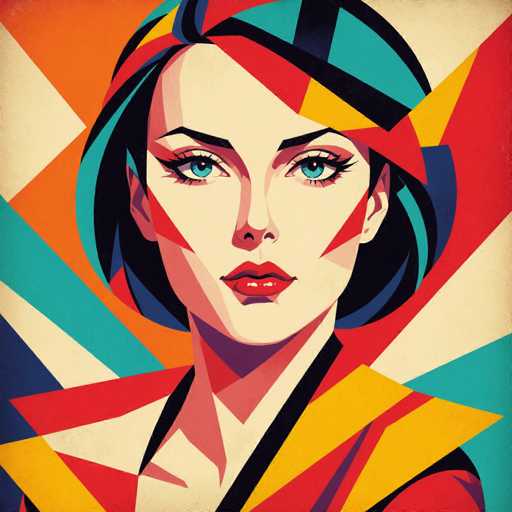 This image is a vibrant, stylized painting of a woman's face, neck, and shoulders, rendered in a cubist or pop art style. The woman has striking blue eyes and red lips, with her face painted in a flesh tone. Her hair is a mix of black, blue, and red, styled in a bob that frames her face. She wears a red and black outfit, and a black and blue headscarf. The background is a dynamic explosion of colors, featuring a mix of red, blue, yellow, and white, with various shapes such as triangles, squares, and rectangles. The overall composition is very colorful and abstract, with no text present in the image.