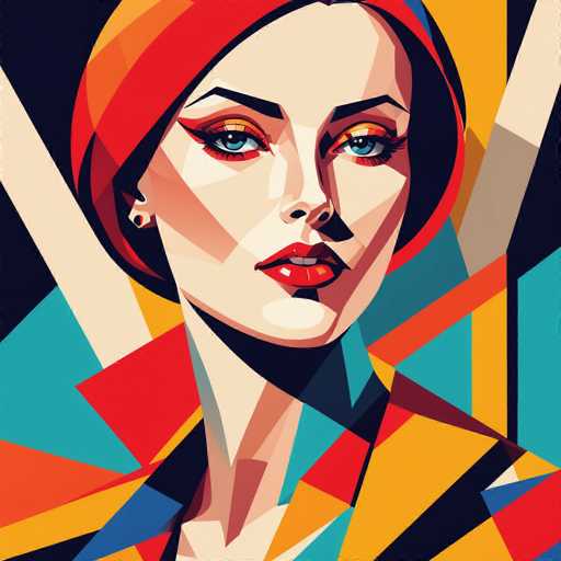 This image is a vibrant, abstract painting of a woman, reminiscent of the cubist style. The woman, who has fair skin and striking blue eyes, is depicted with a red bobbed haircut that frames her face. Her makeup is bold, featuring red lipstick and dramatic cat-eye eyeliner that extends from her eyes to the sides of her head. She wears a single earring in her right ear, which is black and white. Her attire is a geometric, multicolored ensemble with shades of red, yellow, blue, and black, creating a dynamic and colorful pattern. The background is a mix of black, blue, yellow, and red, enhancing the overall abstract and modern feel of the artwork. The woman's face is turned slightly to the right, adding a sense of movement and depth to the composition.