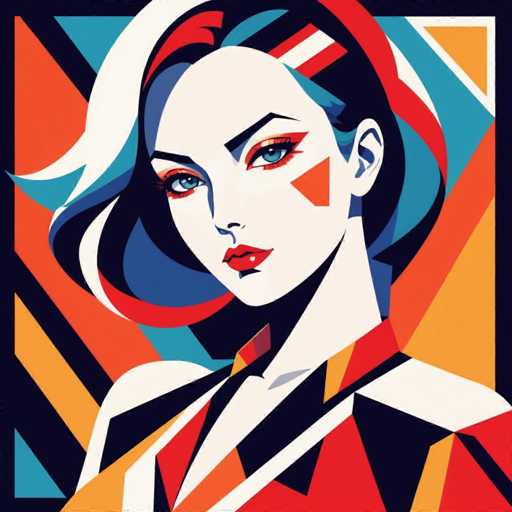 The image depicts a woman with blue eyes and red hair styled in an updo wearing a red dress against a black background featuring geometric shapes in shades of orange, yellow, and white.