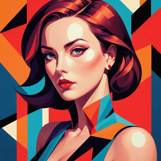 The image depicts a woman with long brown hair wearing a blue dress against an abstract background of red and orange triangles. The woman's face is the focal point, with her eyes looking directly at the camera.