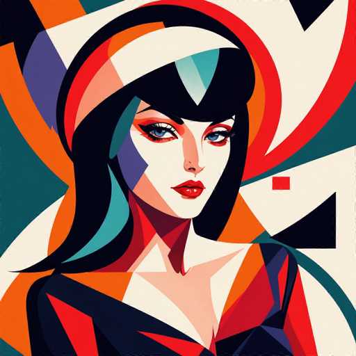 This image is a vibrant, abstract painting of a woman, rendered in a style reminiscent of Picasso. The woman has striking blue eyes and black hair with bangs, and she wears a white headband. Her face is painted in shades of white, peach, and orange, with red lipstick adding a pop of color. She is dressed in a black top with a V-neck, and the background is a dynamic mix of colors including orange, red, blue, green, and black. The painting features various geometric shapes, such as triangles and squares, which add to its abstract nature. The woman's gaze is directed straight at the viewer, creating a captivating focal point in the artwork.