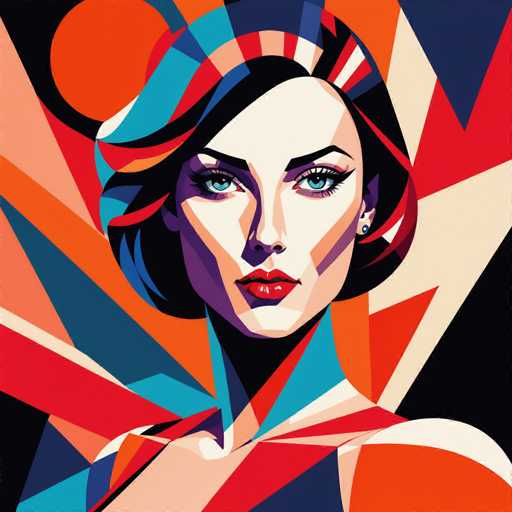 The image depicts an illustration of a woman with striking blue eyes and long dark hair. The woman is wearing a red dress that contrasts with the black background. The art style is abstract, characterized by geometric shapes and bold colors.